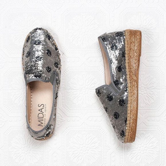 Midas | Shoes | Midas Maybe Silver Leather Sparkly Sequin Flat Espadrilles  | Poshmark
